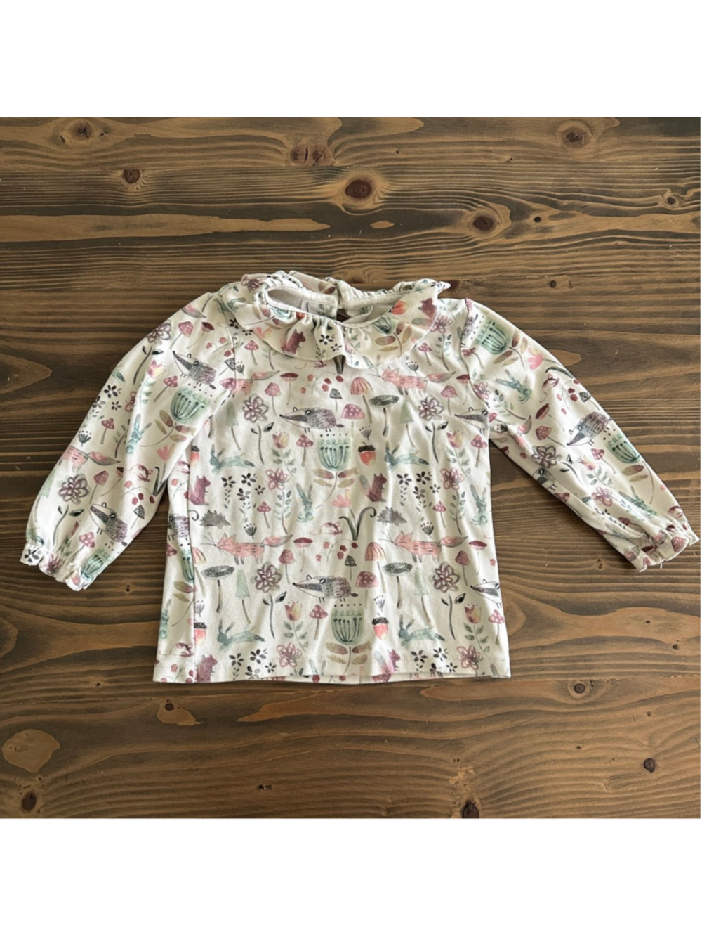 Next Woodland Print Top Girls 2-3 Years Fox Bunny Ruffle Collar Shirt